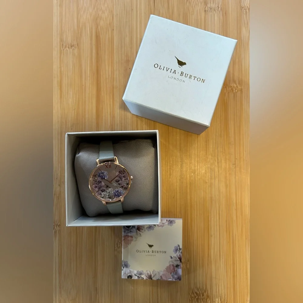 OLIVIA BURTON ENCHANTED GARDEN WATCH WITH 38mm SILVER FLORAL FACE & GREY BAND